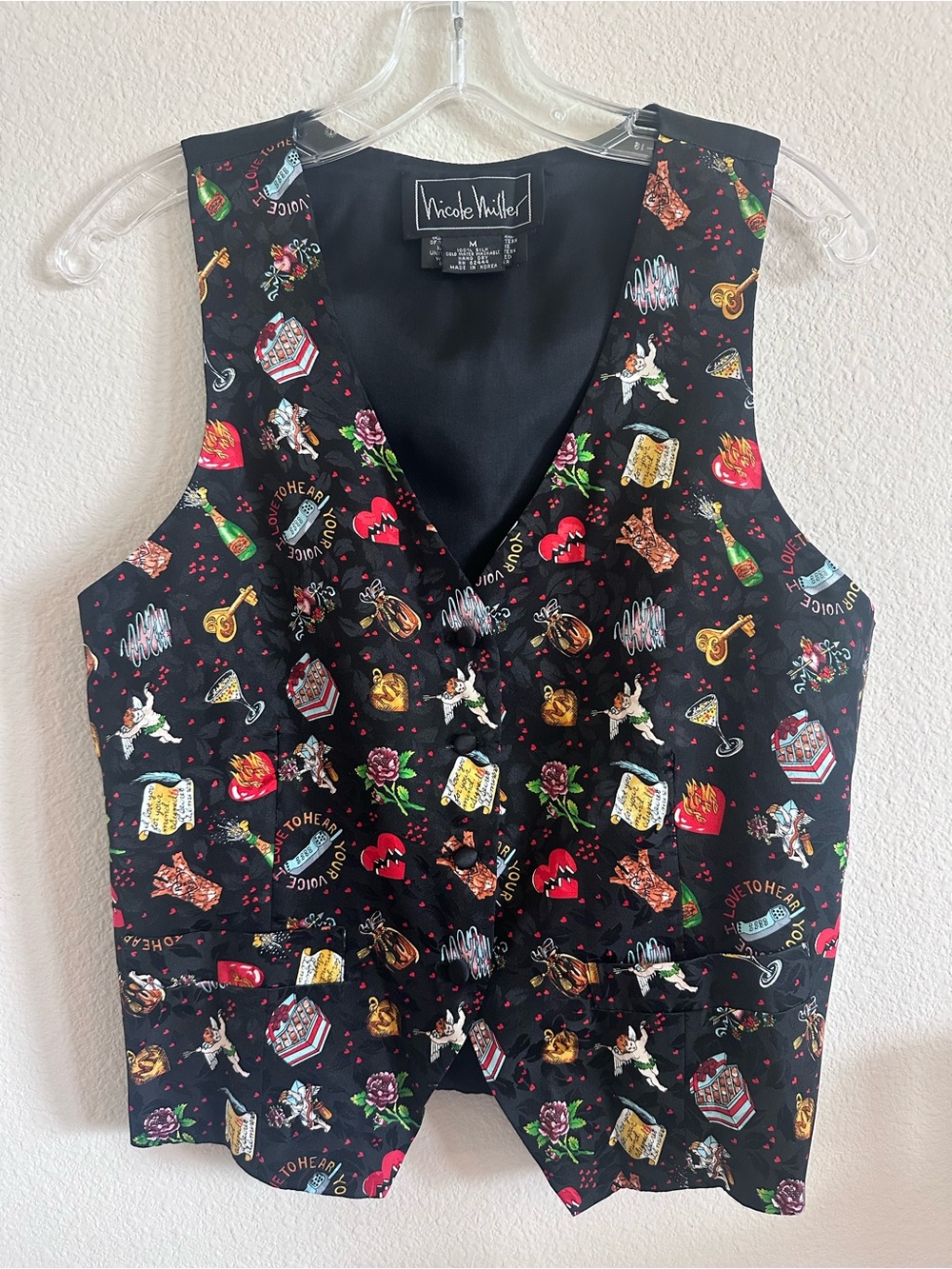 Vintage Nicole Miller 100% Silk Vest M Love Letters Cherubs Novelty Print RARE